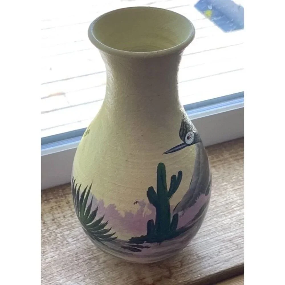 2007 Southwestern Roadrunner Cactus Painted Yellow Vase Signed